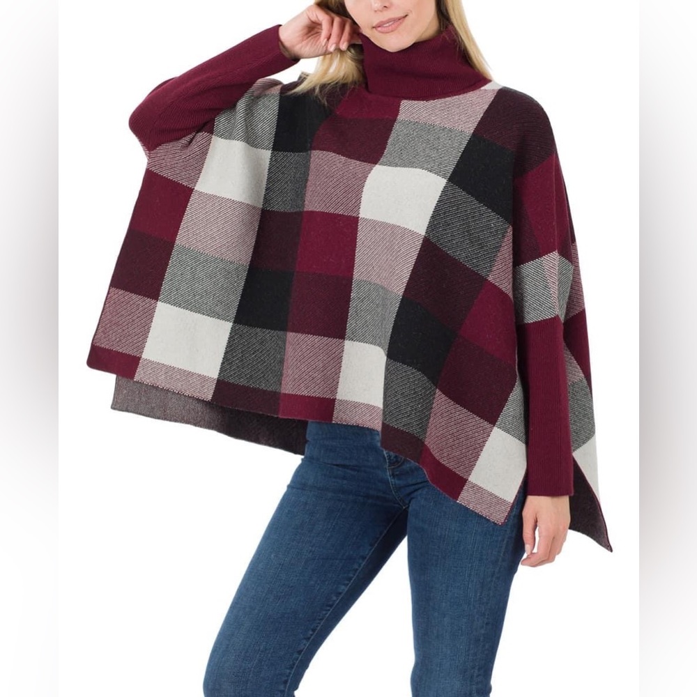 Oversized Plaid Turtleneck Poncho Style Sweater